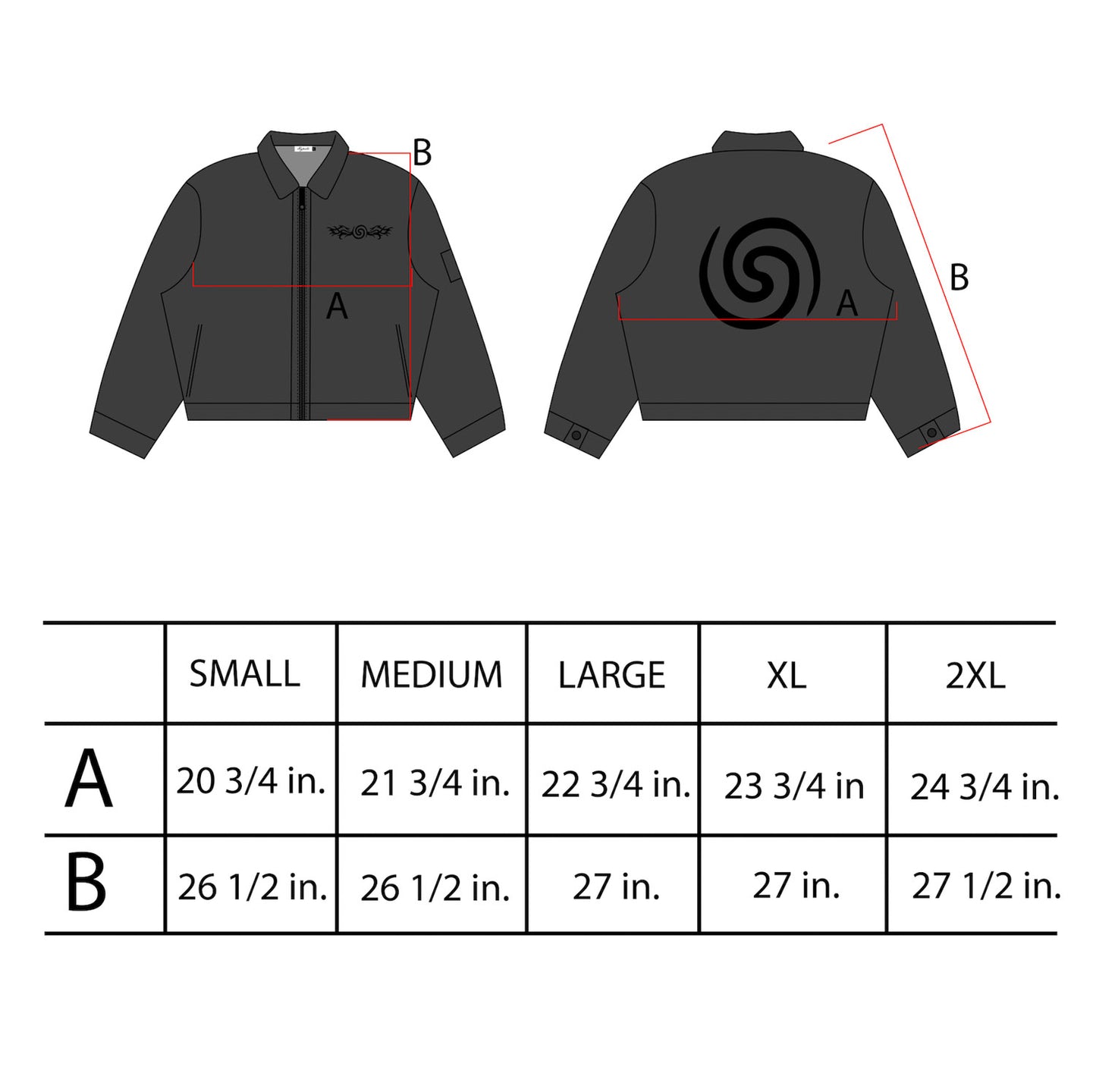 Size chart for the Hypnotic Clothing Lucien work jacket showing measurements for sizes small through extra large.