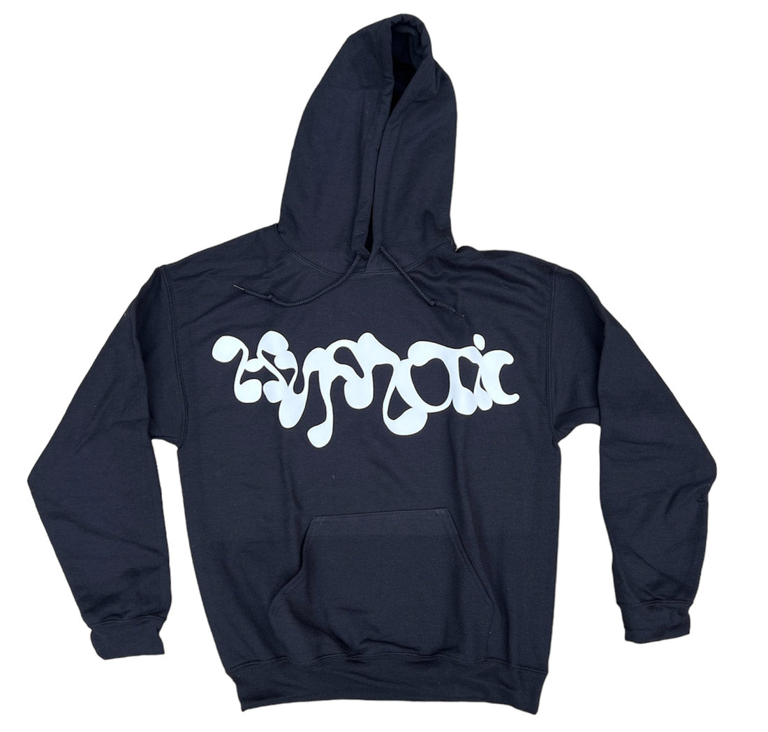 Hypnotic Clothing black puff-print hoodie featuring oversized white logo graphic, streetwear pullover sweatshirt on white background.