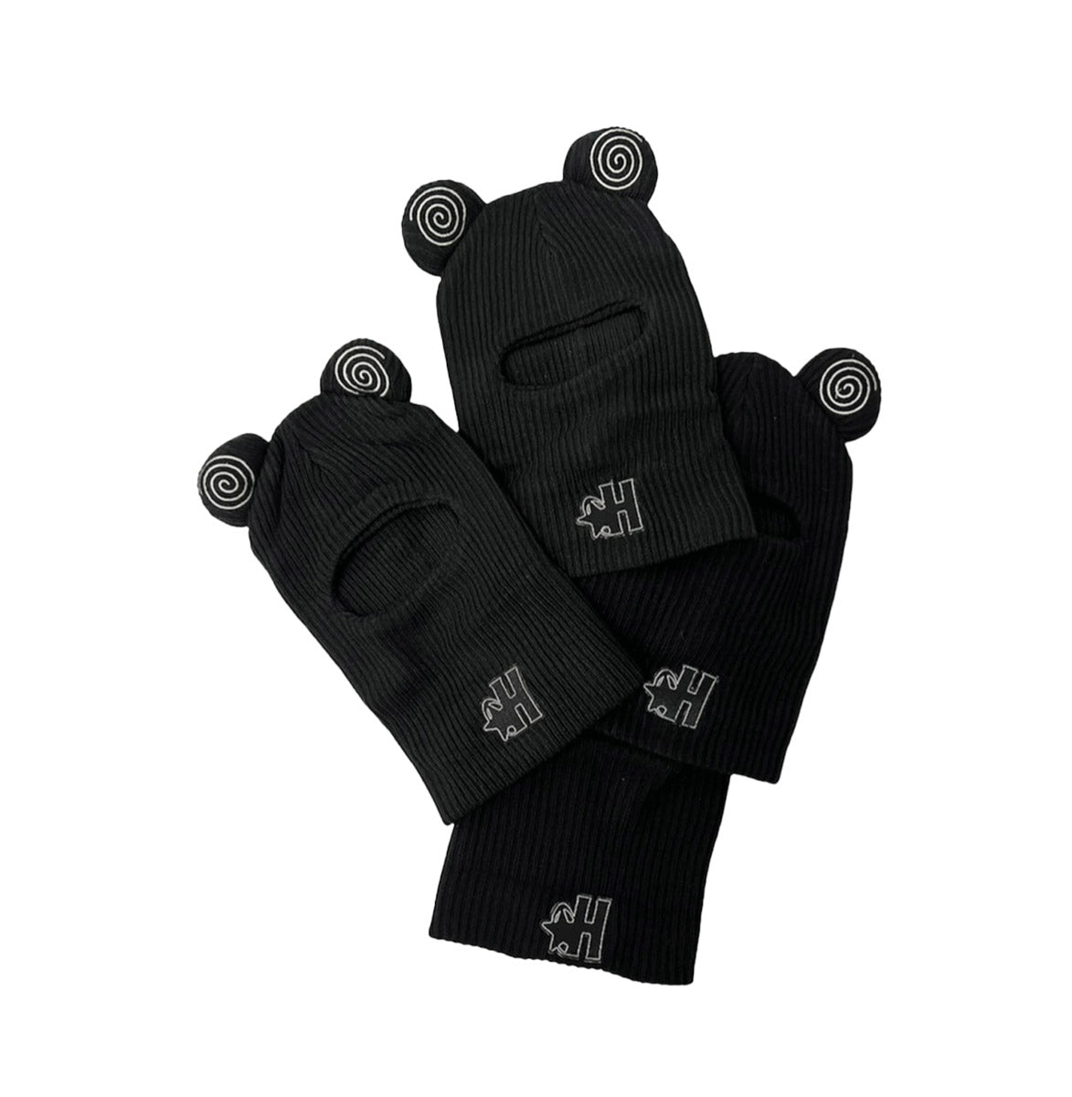 Stacked Hypnotic Clothing spiral balaclava/beanies in black featuring swirl ear embroidery and ribbed knit texture.