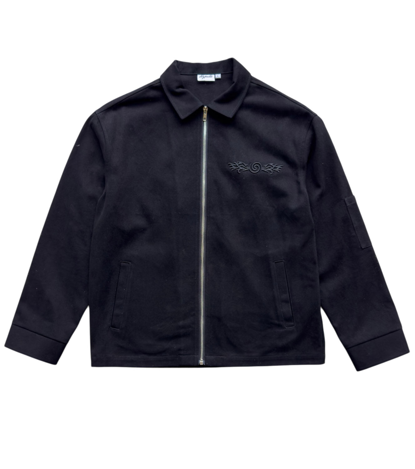 Flat lay of the Hypnotic Clothing Lucien black work jacket, modern streetwear product photo.