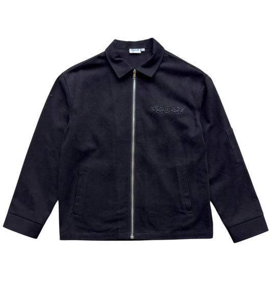 Flat lay of the Hypnotic Clothing Lucien black work jacket, modern streetwear product photo.