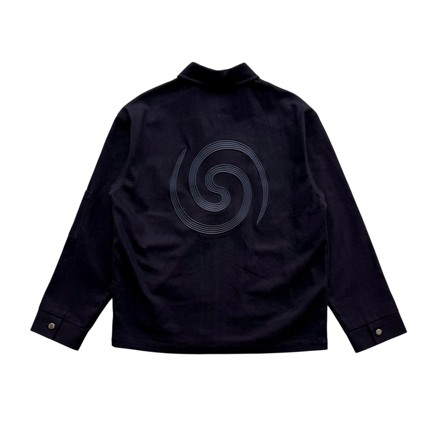 Back view of the Hypnotic Clothing Lucien black work jacket flat lay, modern streetwear design showing rear details.