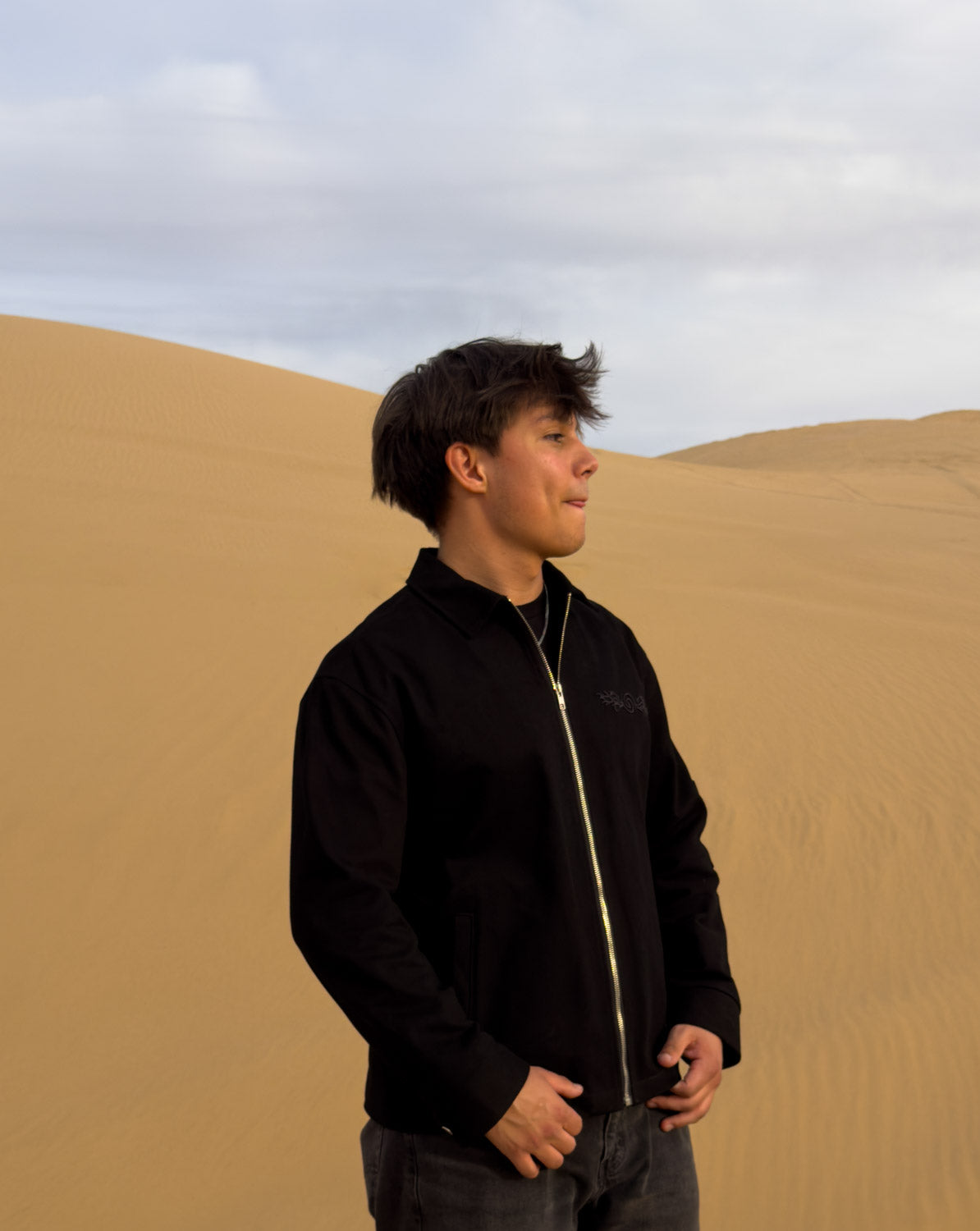 Male model wearing the Hypnotic Clothing Lucien black work jacket in the desert, looking to the side, dark modern minimalist streetwear photography.