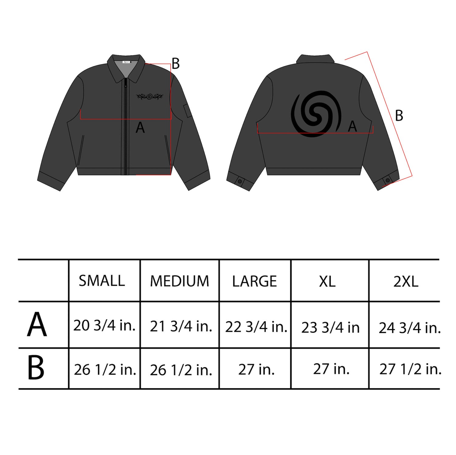 Size chart for the Hypnotic Clothing Lucien work jacket showing measurements for sizes small through extra large.