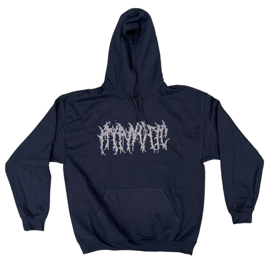 Hypnotic Clothing black hoodie featuring shimmering rhinestone logo graphic across chest, streetwear pullover sweatshirt laid flat.