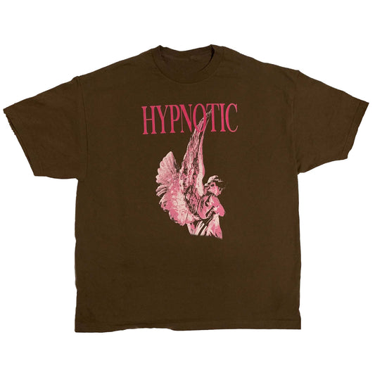 Hypnotic Clothing ‘Angel’ graphic tee in brown featuring pink distressed angel illustration, laid flat on white background.
