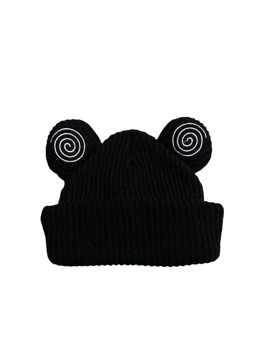 Hypnotic Clothing black spiral beanie with embroidered swirl ear details, ribbed knit streetwear hat.