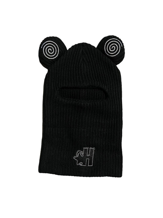 Hypnotic Clothing black spiral balaclava with embroidered swirl ear details and front ‘H’ logo, ribbed knit face mask.