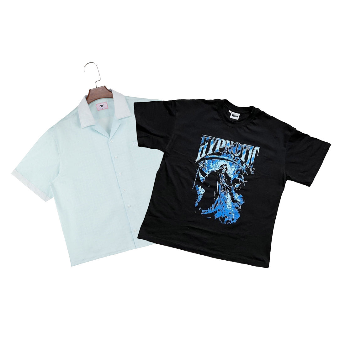 Hypnotic Clothing HYP button-up shirt displayed next to The Scythe graphic tee, flat lay streetwear product photo on white background.