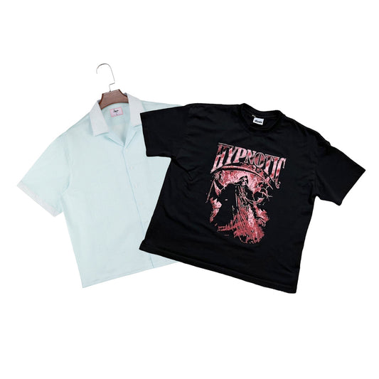 Hypnotic Clothing HYP button-up shirt displayed next to the red ‘The Scythe’ graphic tee, flat lay streetwear product photo on white background.