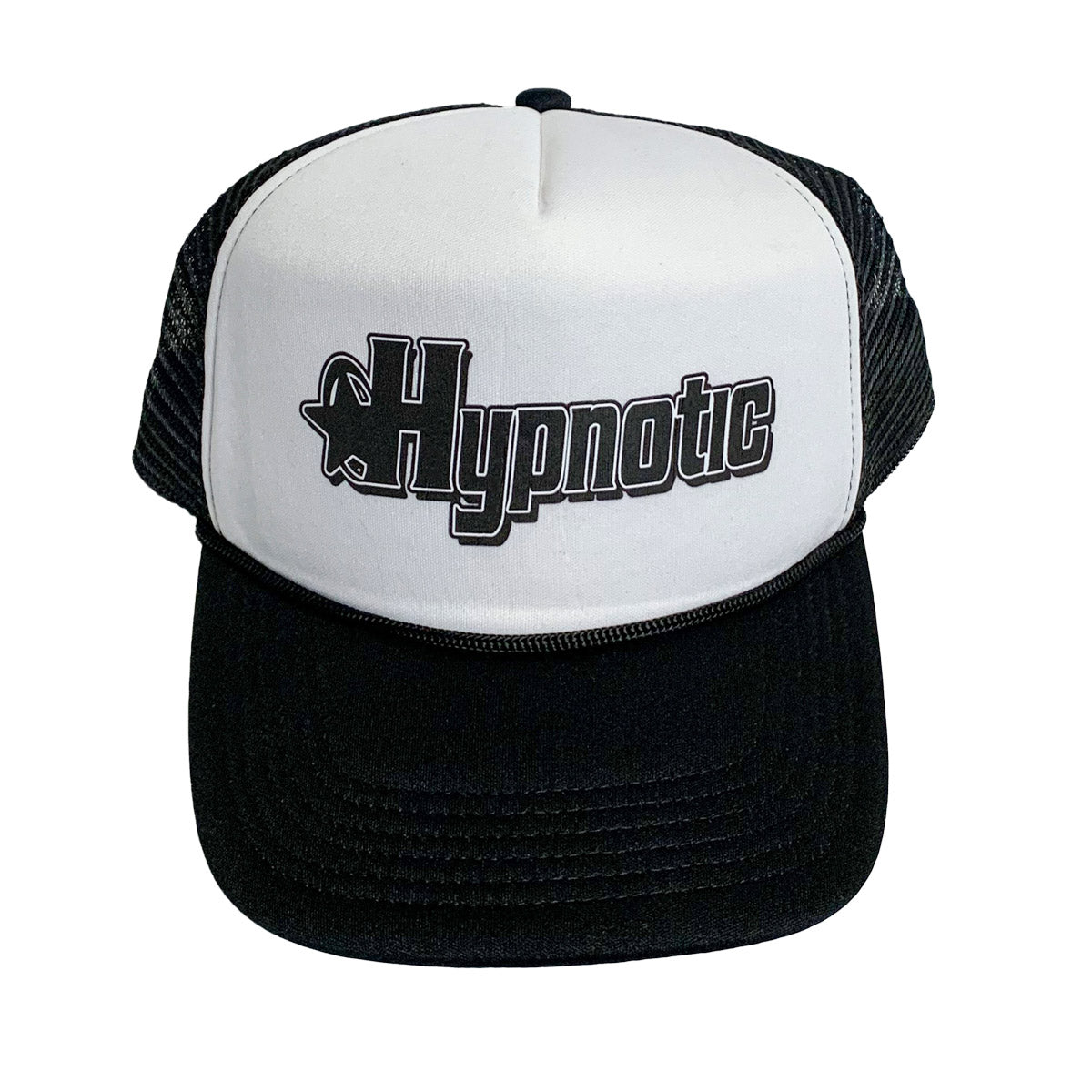 Hypnotic Clothing black and white trucker hat featuring printed Hypnotic logo on front foam panel.