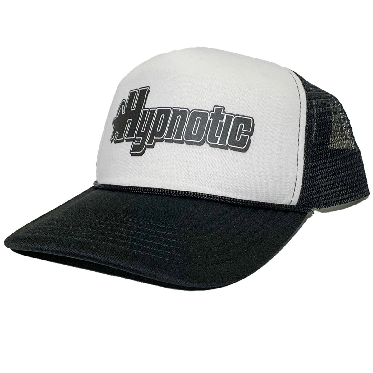 Side view of Hypnotic Clothing logo trucker hat showing printed front graphic, black mesh back, and curved bill.