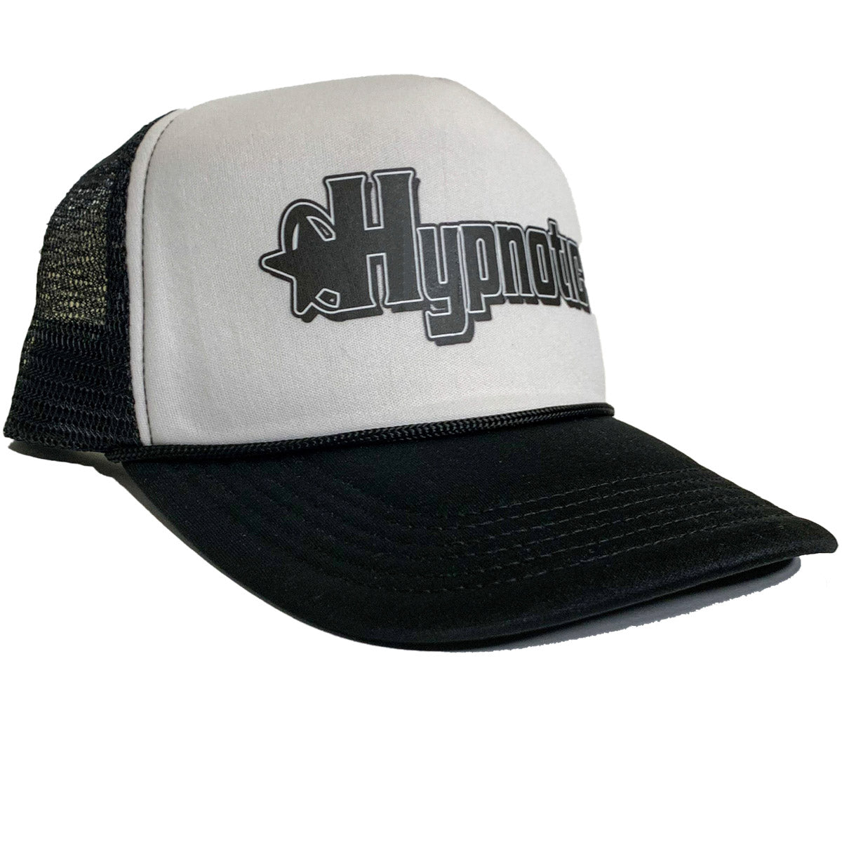Angled product photo of Hypnotic Clothing black and white trucker hat with large printed Hypnotic logo.