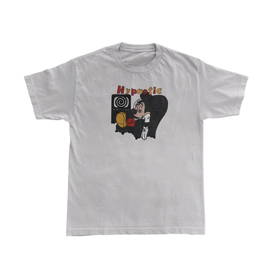 Hypnotic Clothing ‘Mickey’ graphic tee in white featuring cartoon-inspired hypnotic character design, laid flat on white background.