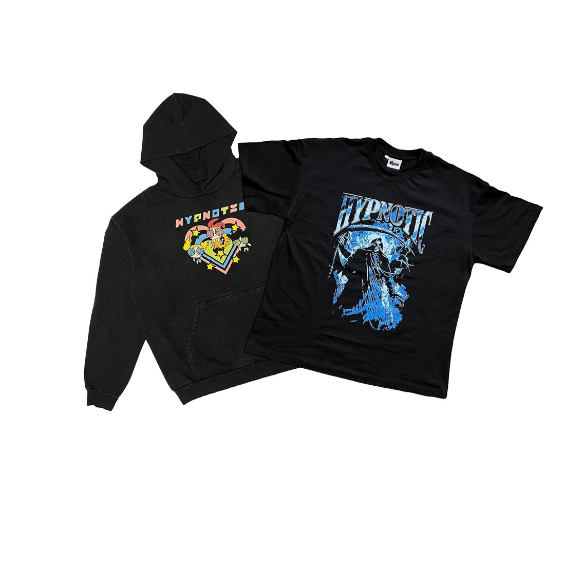 Hypnotic Clothing PPG graphic hoodie displayed next to the blue ‘The Scythe’ graphic tee, flat lay streetwear product photo on white background.