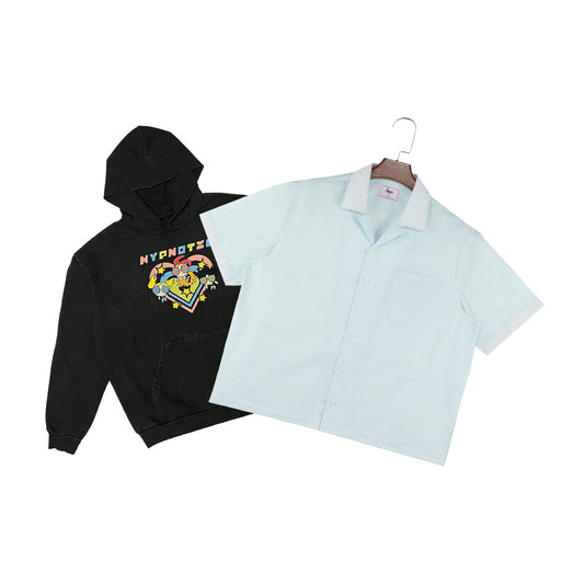 Hypnotic Clothing PPG graphic hoodie displayed next to the HYP button-up shirt, flat lay streetwear product photo on white background.