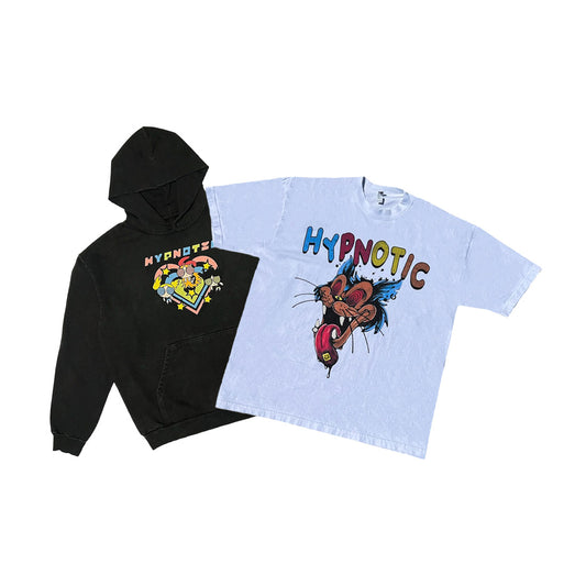 Hypnotic Clothing PPG graphic hoodie displayed next to the ‘Take A Trip’ graphic tee, flat lay streetwear product photo on white background.