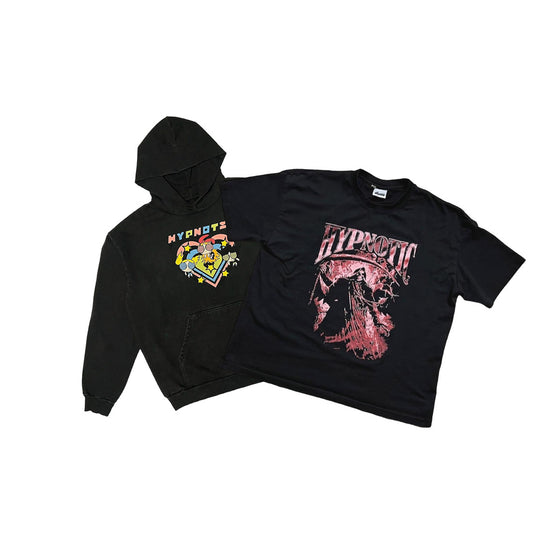 Hypnotic Clothing PPG graphic hoodie displayed next to the red ‘The Scythe’ graphic tee, flat lay streetwear product photo on white background.
