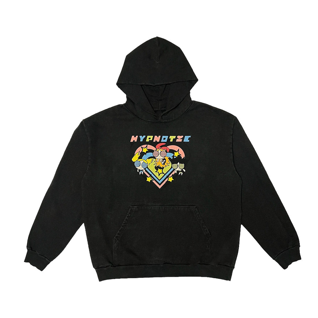 Hypnotic Clothing PPG black graphic hoodie featuring colorful character artwork, streetwear hoodie product photo on white background.