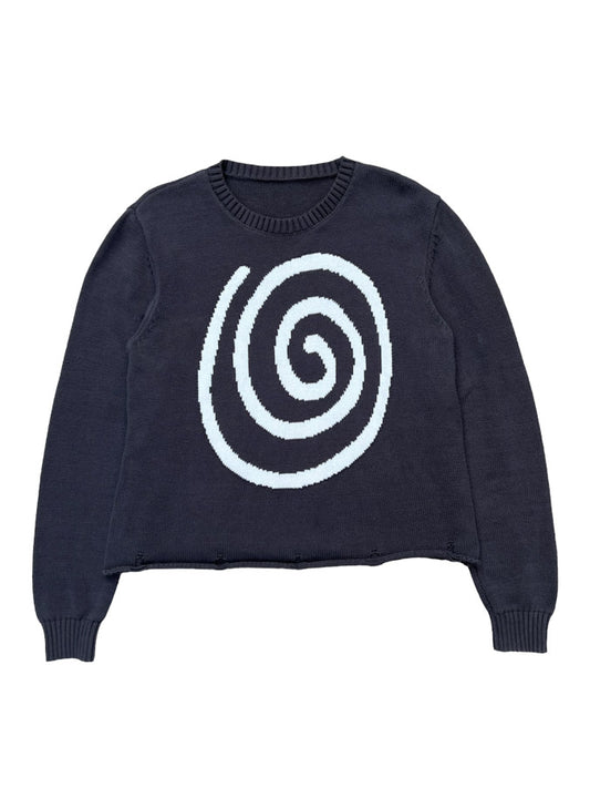 Hypnotic Clothing ‘Lost in the Matrix’ knit sweater in charcoal grey featuring large white spiral graphic, streetwear pullover laid flat.