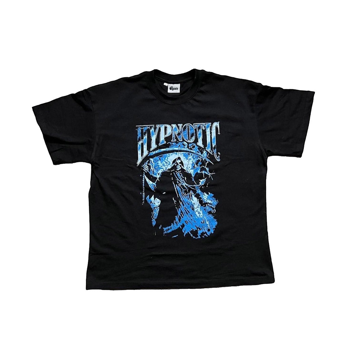 Hypnotic Clothing ‘The Scythe’ black graphic tee featuring blue reaper artwork, streetwear T-shirt product photo on white background.