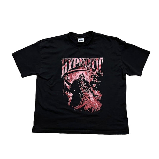 Hypnotic Clothing ‘The Scythe’ red graphic tee featuring reaper artwork, streetwear T-shirt product photo on white background.